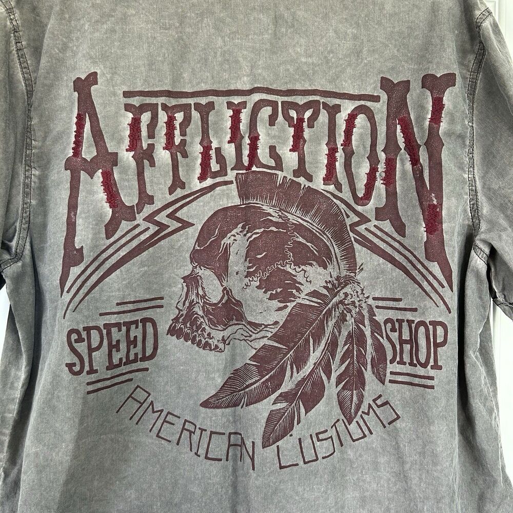 Affliction Black Premium Men XL Speed Shop Skull Button Up Shirt Gray Biker Y2K - Picture 5 of 11